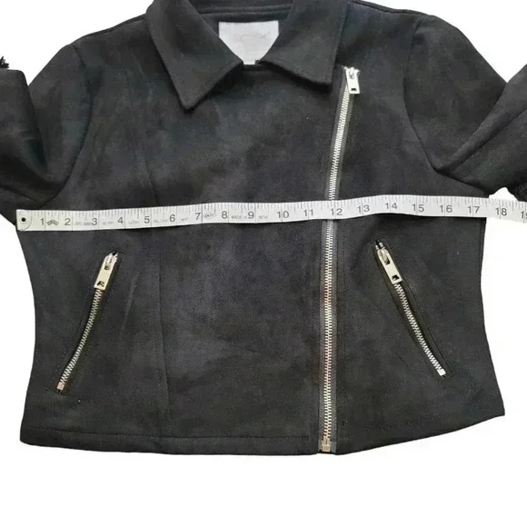 Vera & Lucy Tassel Faux Suede Black Moto Wing Collar Jacket Coat  Size M - Picture 10 of 13